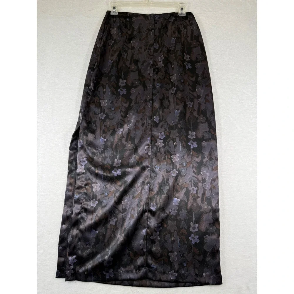 A. Byer California Vintage 90s Black Floral Satin‎ Maxi Skirt Side Slit Size 7